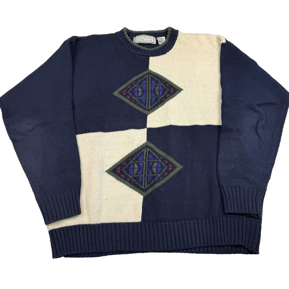 Vintage Michael Gerald Sweater‎ Size Large Geometric Grandpa Dad 90s Navy/Ivory
